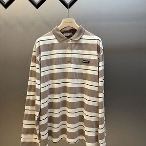 🫐Miu Miu Beige and White Striped Polo Shirt